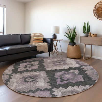 3' X 5' Lavender And Charcoal Aztec Washable Indoor Outdoor Area Rug