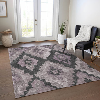 3' X 5' Lavender And Charcoal Aztec Washable Indoor Outdoor Area Rug