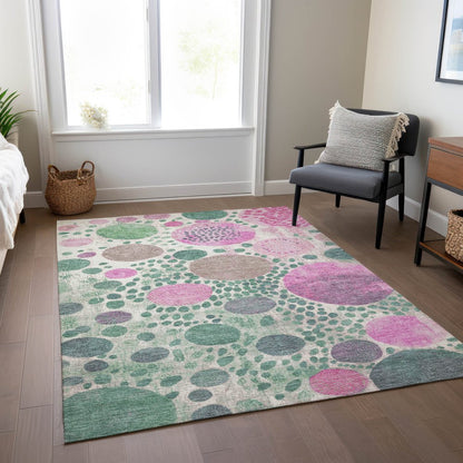 3' X 5' Green Pink And Mauve Geometric Washable Indoor Outdoor Area Rug