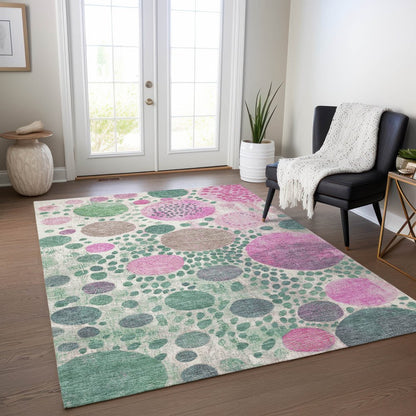 3' X 5' Green Pink And Mauve Geometric Washable Indoor Outdoor Area Rug