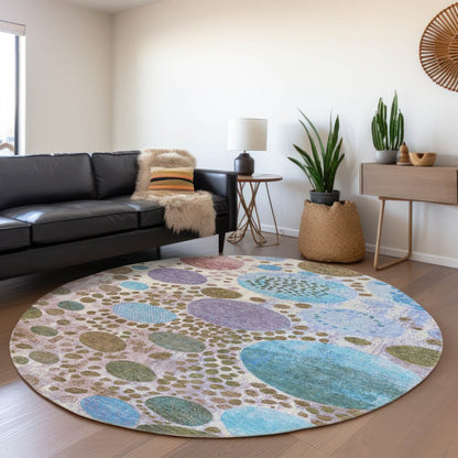 3' X 5' Khaki Blue And Purple Geometric Washable Indoor Outdoor Area Rug