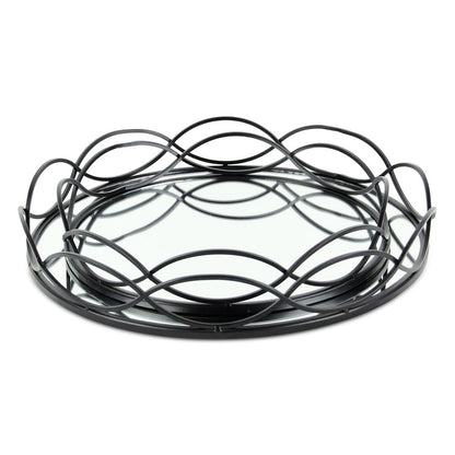 Set of Two Black And Silver Metal And Mirrored Glass Round Vanity Trays
