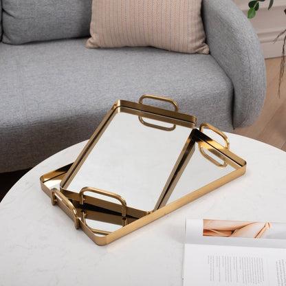 Set of Two Gold And Mirrored Glass Handmade Serving Trays