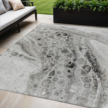 3' X 5' Pewter Gray And Silver Abstract Washable Indoor Outdoor Area Rug