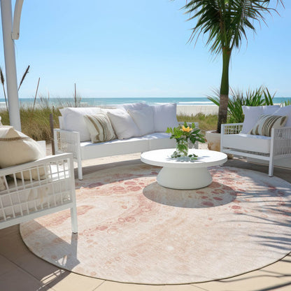 3' X 5' Salmon And Ivory Abstract Washable Indoor Outdoor Area Rug