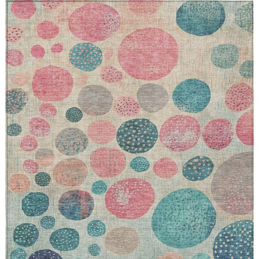 3' X 5' Teal Blue And Blush Geometric Washable Indoor Outdoor Area Rug