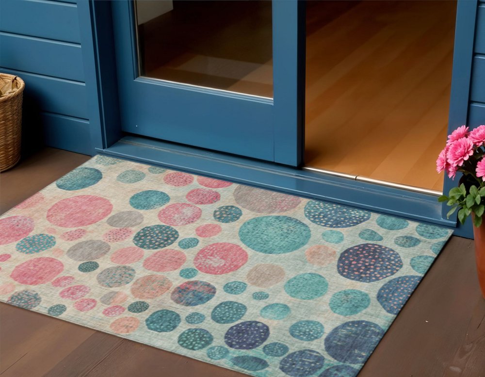 3' X 5' Teal Blue And Blush Geometric Washable Indoor Outdoor Area Rug