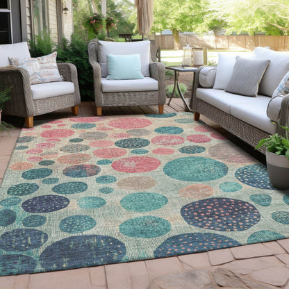 3' X 5' Teal Blue And Blush Geometric Washable Indoor Outdoor Area Rug