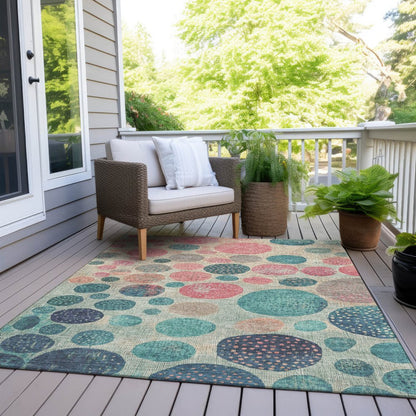 3' X 5' Teal Blue And Blush Geometric Washable Indoor Outdoor Area Rug