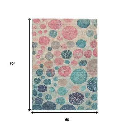 3' X 5' Teal Blue And Blush Geometric Washable Indoor Outdoor Area Rug
