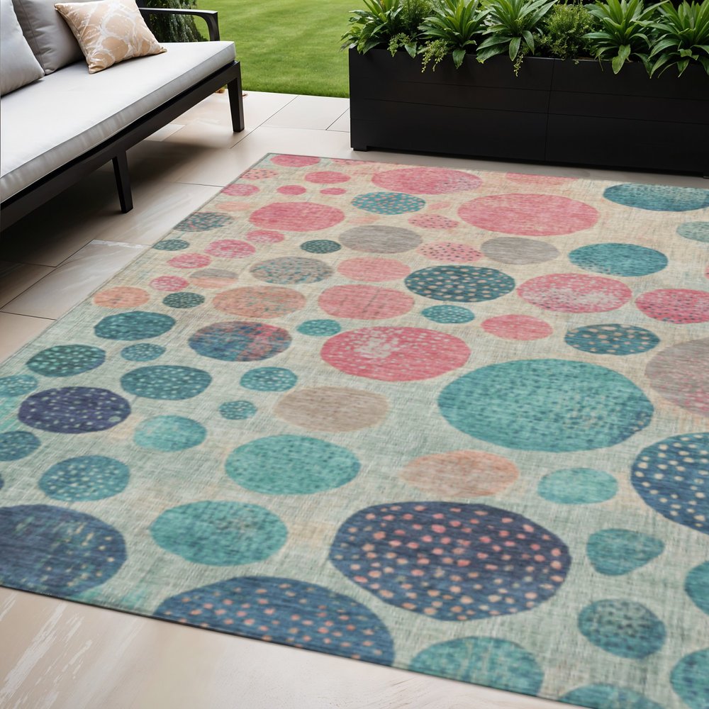 3' X 5' Teal Blue And Blush Geometric Washable Indoor Outdoor Area Rug