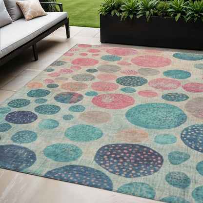 3' X 5' Teal Blue And Blush Geometric Washable Indoor Outdoor Area Rug