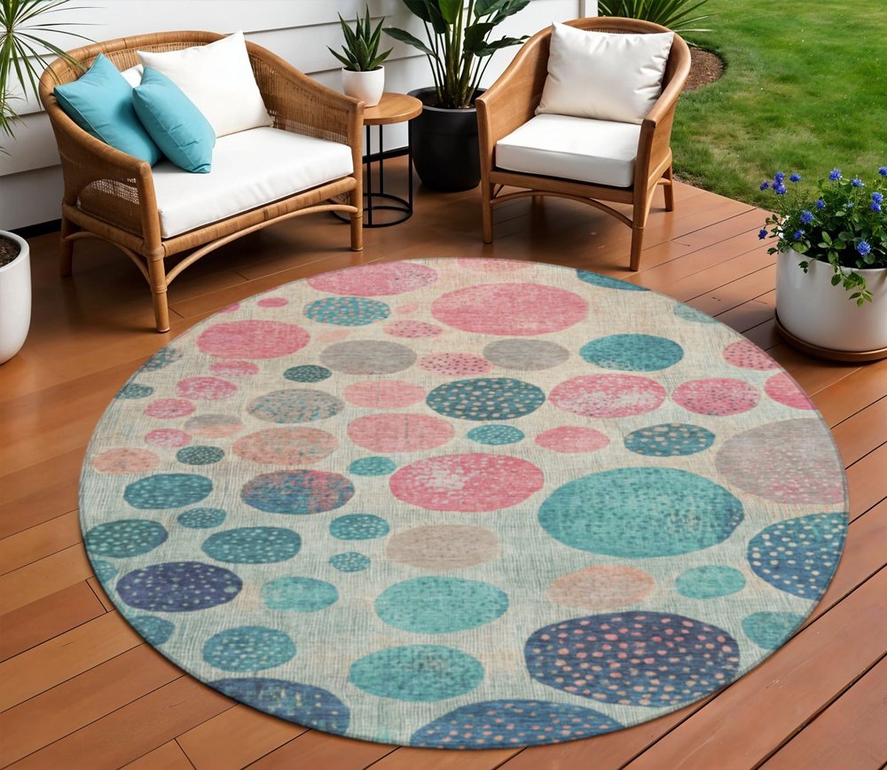 3' X 5' Teal Blue And Blush Geometric Washable Indoor Outdoor Area Rug