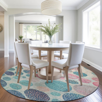 3' X 5' Teal Blue And Blush Geometric Washable Indoor Outdoor Area Rug