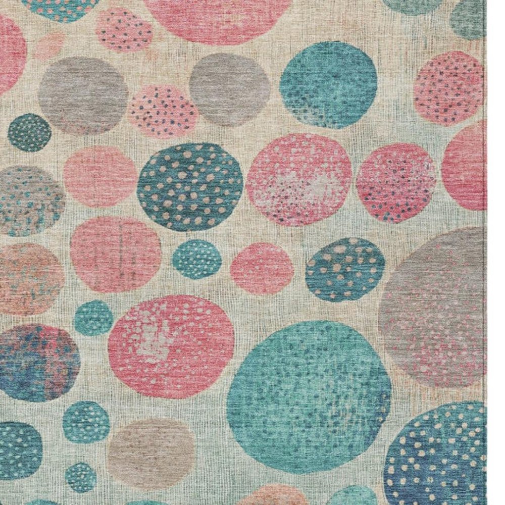 3' X 5' Teal Blue And Blush Geometric Washable Indoor Outdoor Area Rug