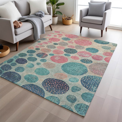 3' X 5' Teal Blue And Blush Geometric Washable Indoor Outdoor Area Rug