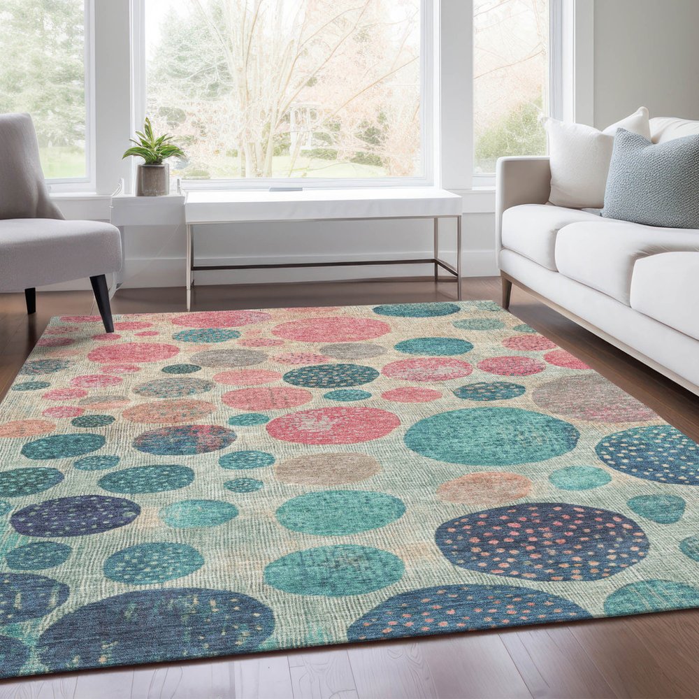 3' X 5' Teal Blue And Blush Geometric Washable Indoor Outdoor Area Rug