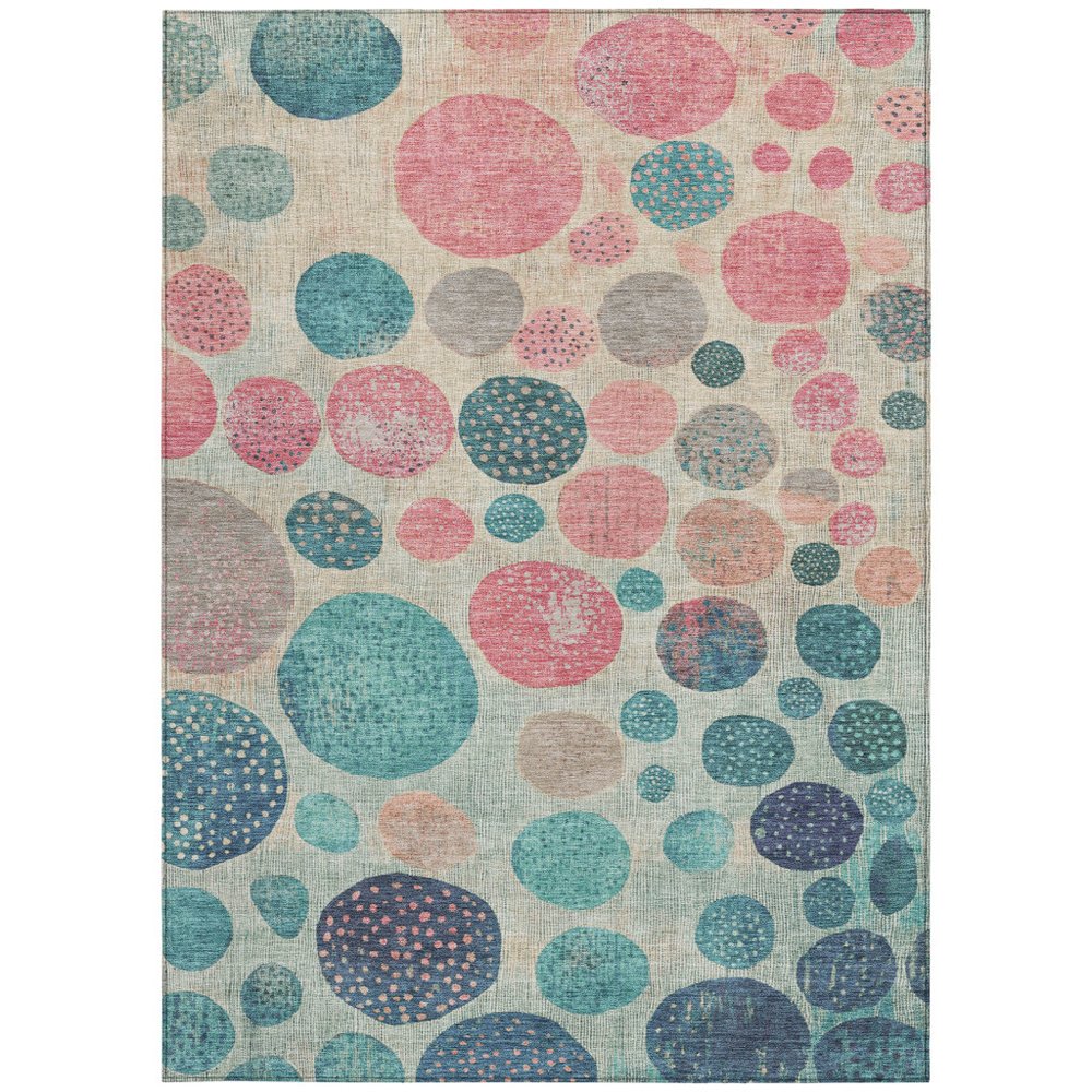 3' X 5' Teal Blue And Blush Geometric Washable Indoor Outdoor Area Rug