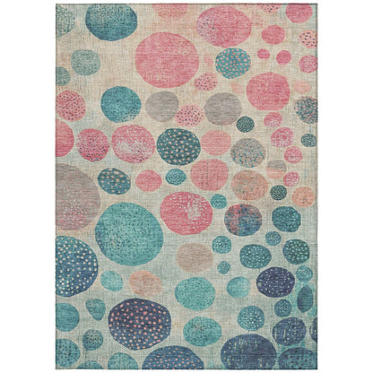 3' X 5' Teal Blue And Blush Geometric Washable Indoor Outdoor Area Rug