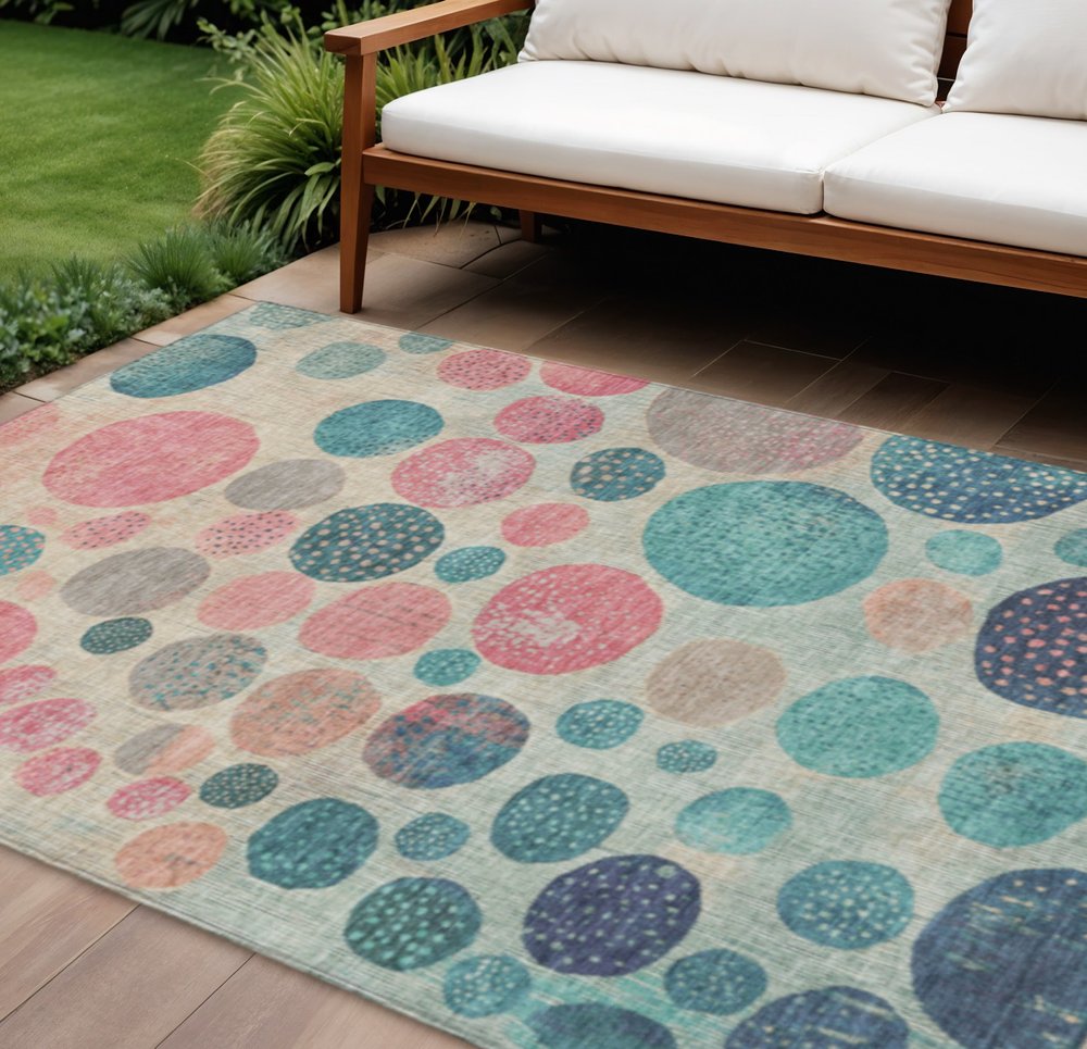 3' X 5' Teal Blue And Blush Geometric Washable Indoor Outdoor Area Rug