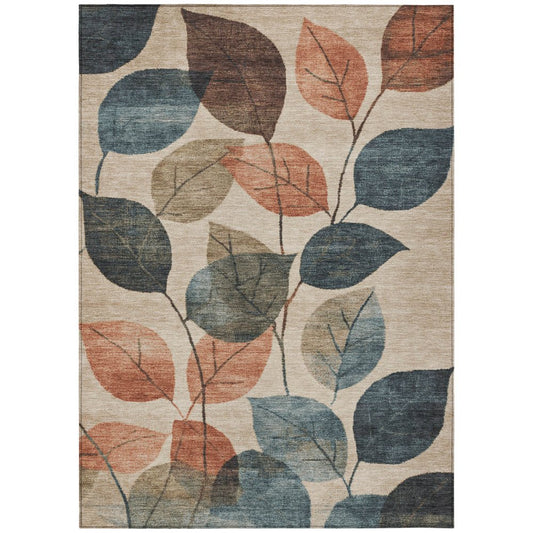 3' X 5' Beige Copper And Denim Blue Floral Washable Indoor Outdoor Area Rug
