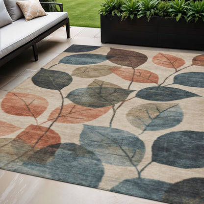 3' X 5' Beige Copper And Denim Blue Floral Washable Indoor Outdoor Area Rug