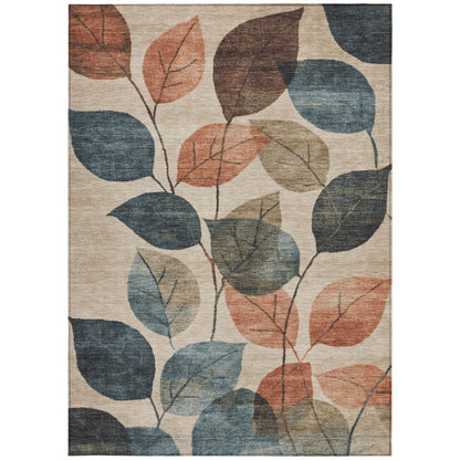 3' X 5' Beige Copper And Denim Blue Floral Washable Indoor Outdoor Area Rug