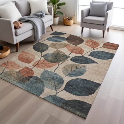 3' X 5' Beige Copper And Denim Blue Floral Washable Indoor Outdoor Area Rug