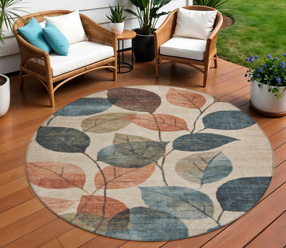 3' X 5' Beige Copper And Denim Blue Floral Washable Indoor Outdoor Area Rug