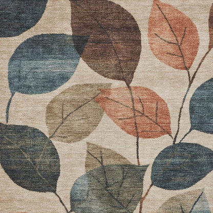 3' X 5' Beige Copper And Denim Blue Floral Washable Indoor Outdoor Area Rug