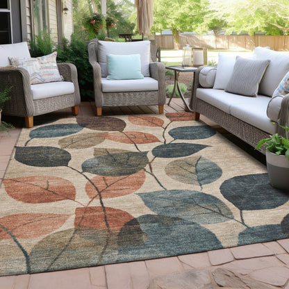 3' X 5' Beige Copper And Denim Blue Floral Washable Indoor Outdoor Area Rug