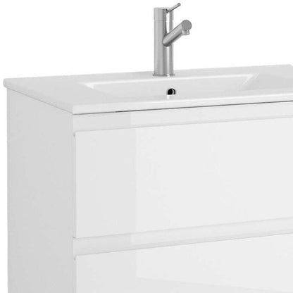 28" White Wood Freestanding Bathroom Vanity With White Sink And Three Drawers