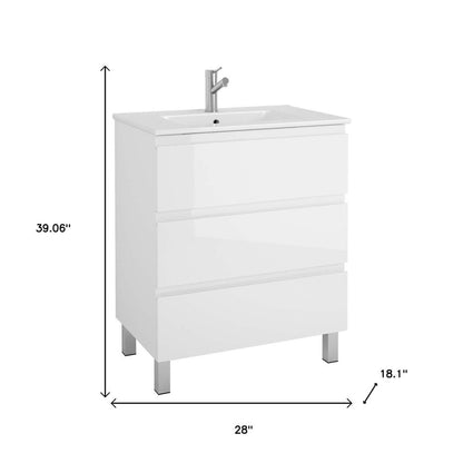 28" White Wood Freestanding Bathroom Vanity With White Sink And Three Drawers