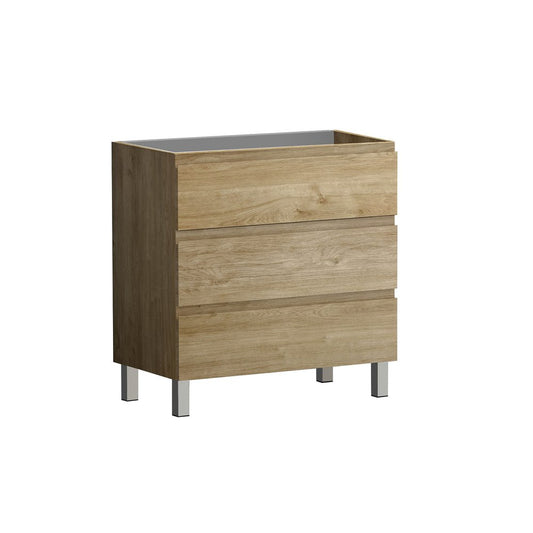 32" Oak Wood Freestanding Bathroom Vanity With White Sink And Three Drawers