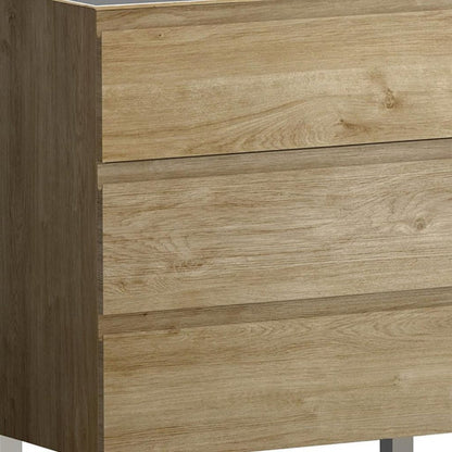 32" Oak Wood Freestanding Bathroom Vanity With White Sink And Three Drawers