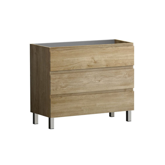 40" Oak Wood Freestanding Bathroom Vanity With White Sink And Three Drawers