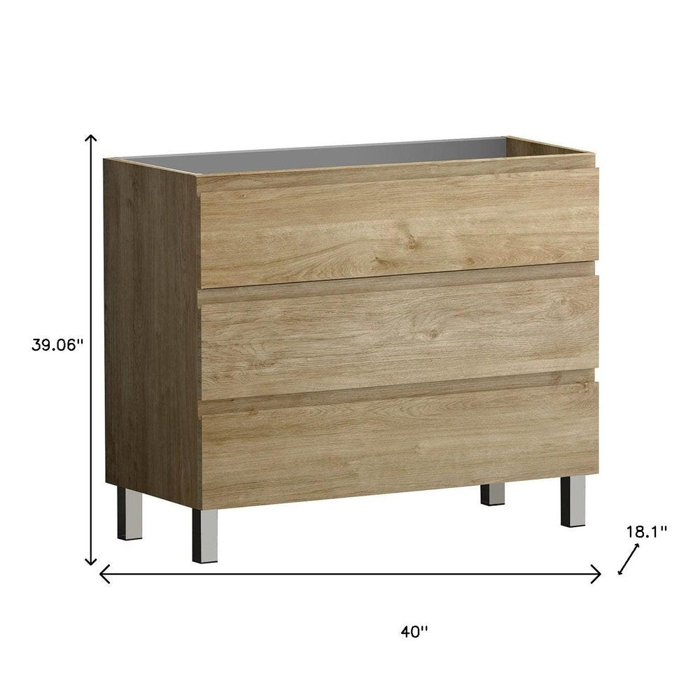 40" Oak Wood Freestanding Bathroom Vanity With White Sink And Three Drawers