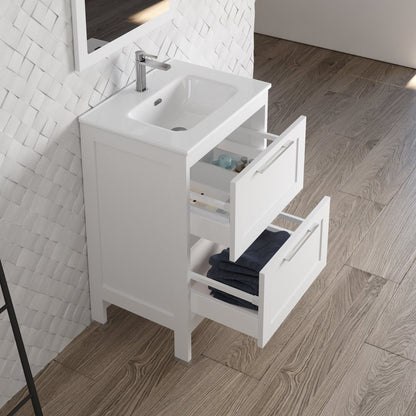 24" White Wood Freestanding Bathroom Vanity With White Sink And Two Drawers