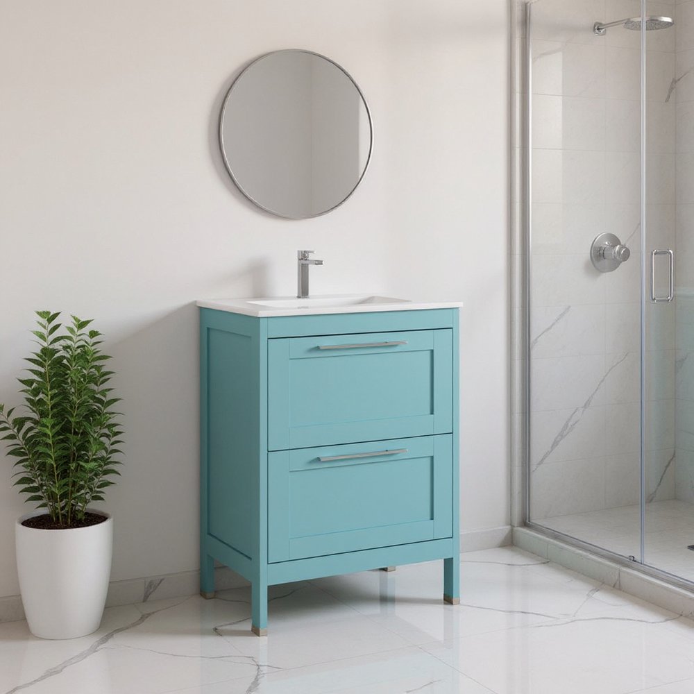 24" Blue Wood Freestanding Bathroom Vanity With White Sink And Two Drawers