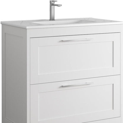 32" White Wood Freestanding Bathroom Vanity With White Sink And Two Drawers