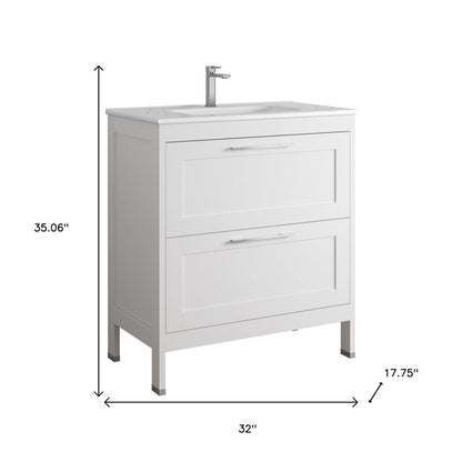32" White Wood Freestanding Bathroom Vanity With White Sink And Two Drawers