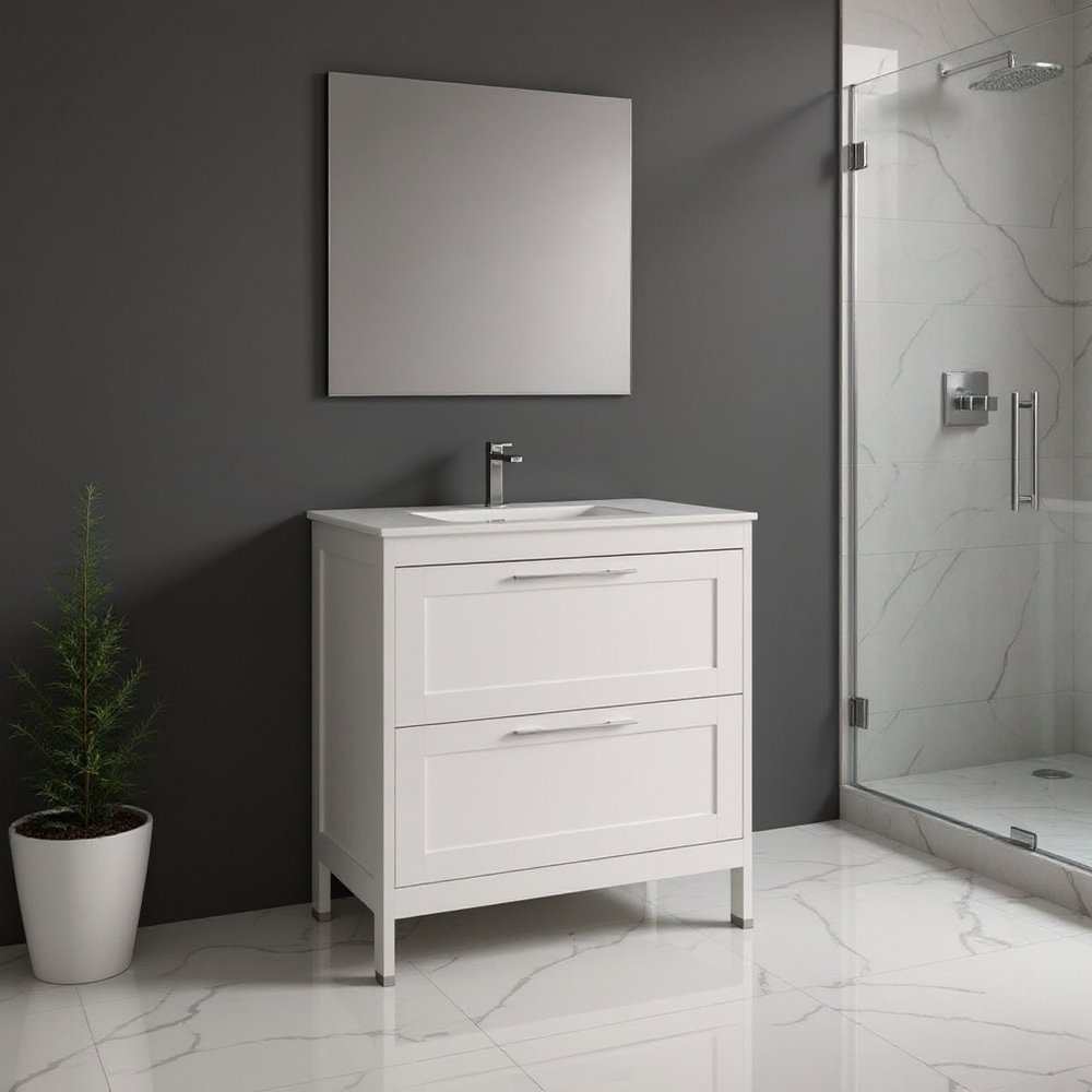 32" White Wood Freestanding Bathroom Vanity With White Sink And Two Drawers