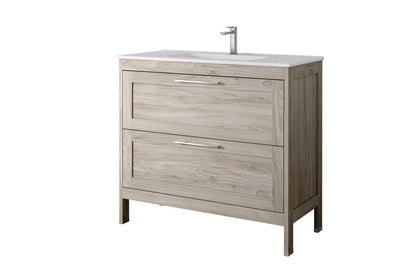 40" Natural Wood Freestanding Bathroom Vanity With White Sink And Two Drawers