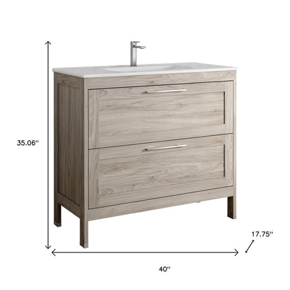 40" Natural Wood Freestanding Bathroom Vanity With White Sink And Two Drawers