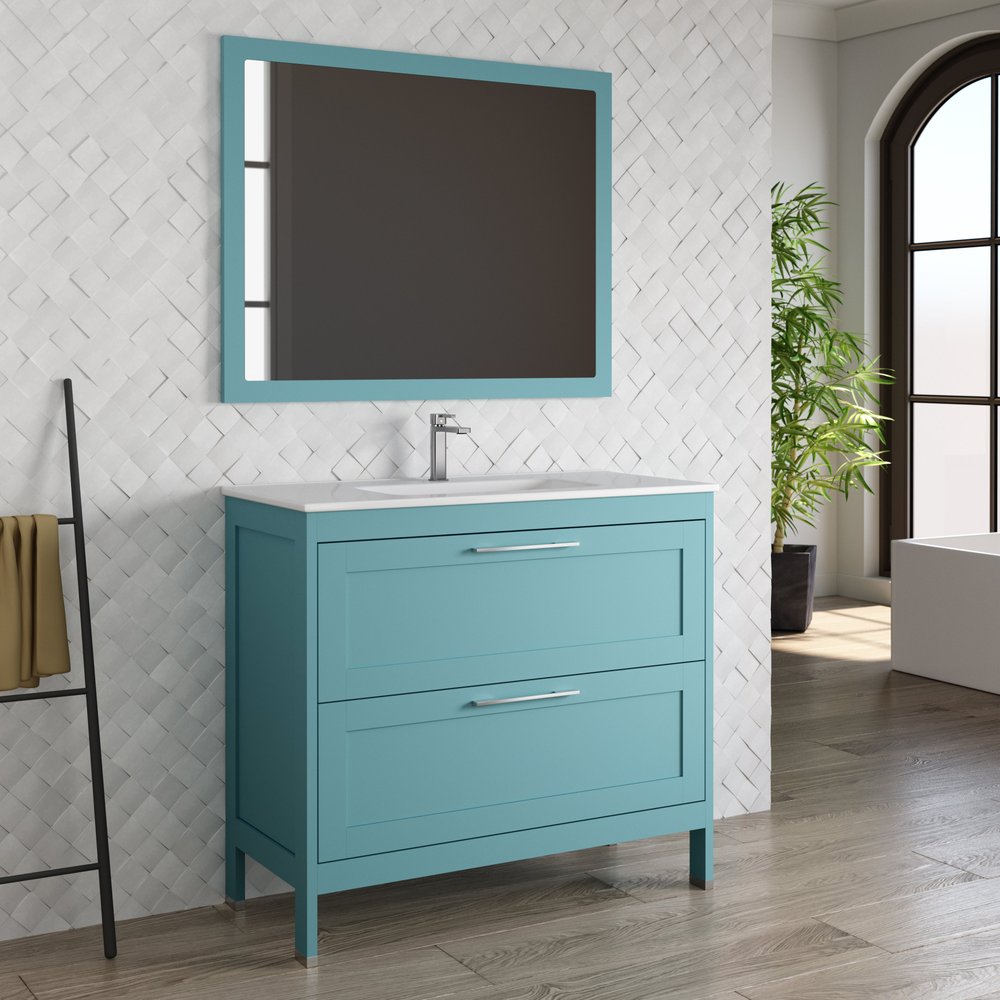 40" Blue Wood Freestanding Bathroom Vanity With White Sink And Two Drawers