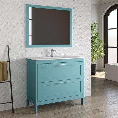 40" Blue Wood Freestanding Bathroom Vanity With White Sink And Two Drawers