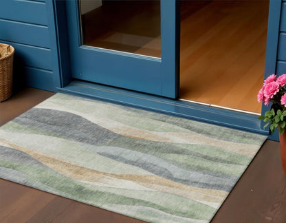 3' X 5' Artichoke Green And Gray Abstract Washable Indoor Outdoor Area Rug