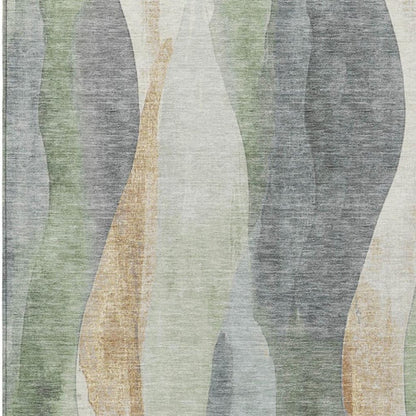 3' X 5' Artichoke Green And Gray Abstract Washable Indoor Outdoor Area Rug