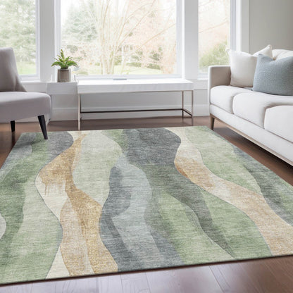 3' X 5' Artichoke Green And Gray Abstract Washable Indoor Outdoor Area Rug