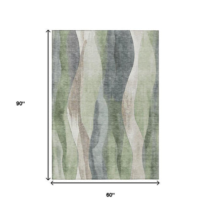3' X 5' Fern Green And Gray Abstract Washable Indoor Outdoor Area Rug